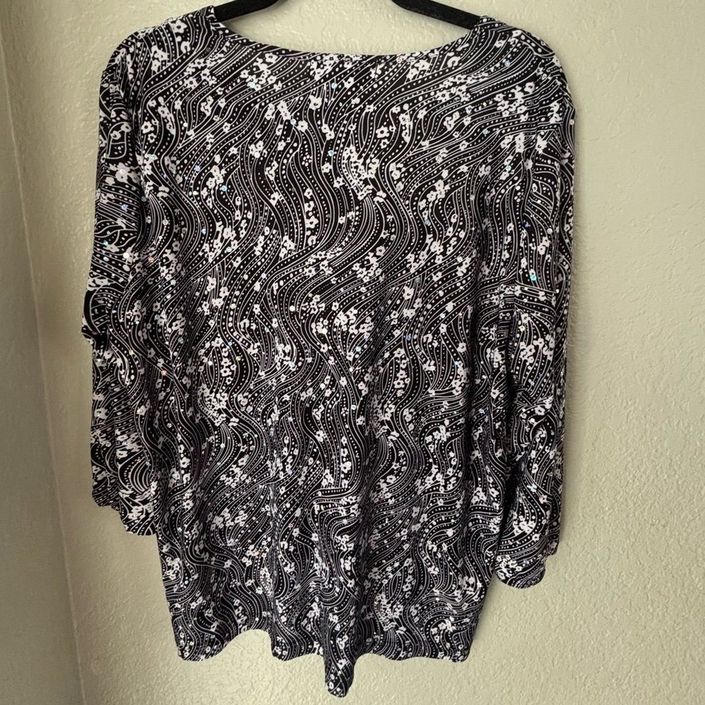 Cathy Daniels Women's L Black/White ¾ Sleeve Blouse‎ Round Neck Sequined - Picture 9 of 10